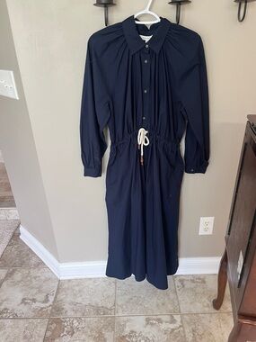 Banana Republic Navy Button-Front Long Sleeve Drawstring Midi Dress